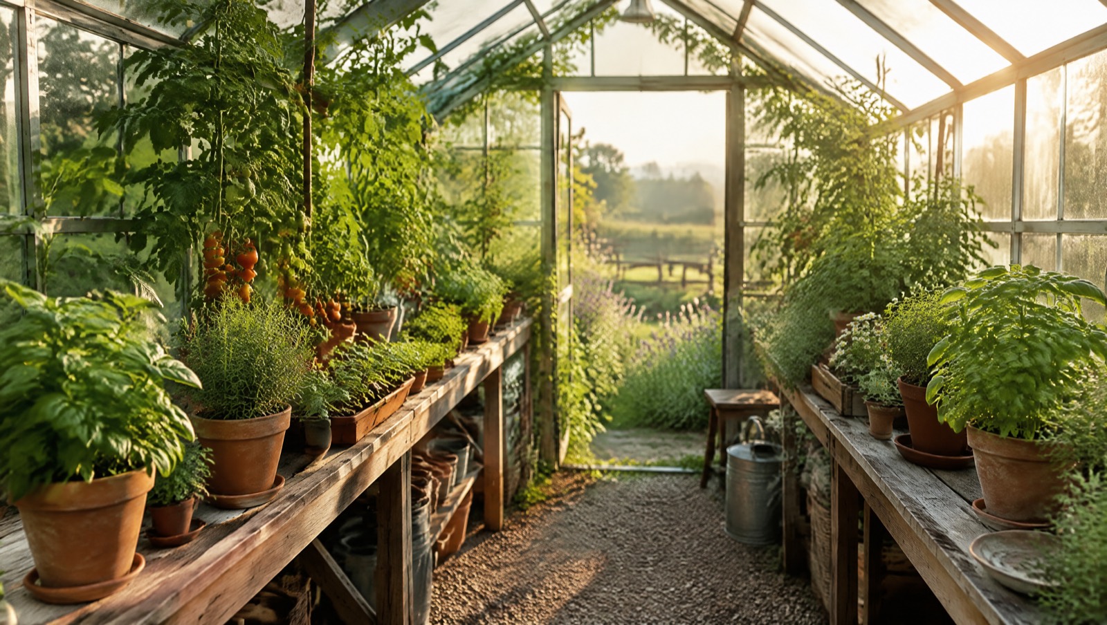 Inside a small greenhouse full of plants on a summer morning